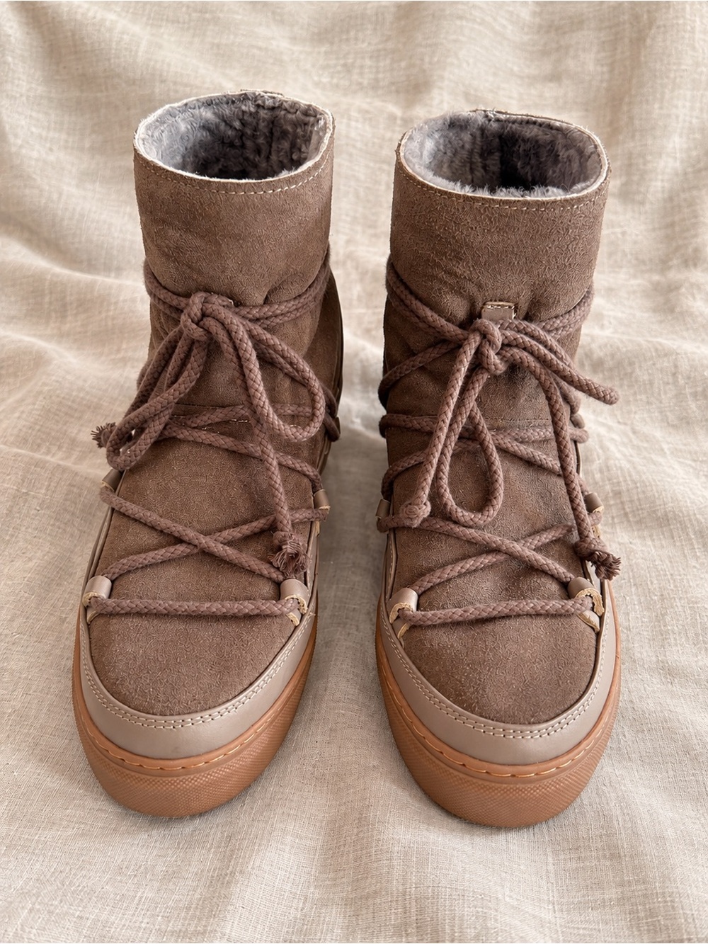INUIKII Women’s Shearling Suede Lace-Up Sneaker Boots Taupe Brown EU 39